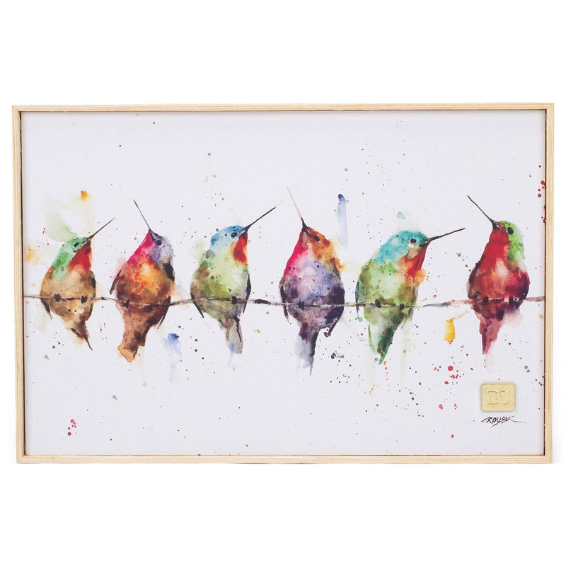 DEMDACO Dean Crouser Hummers On A Wire Watercolor 12 x 8 Wood and Canvas Decorative Wall Art Sign - Image 1